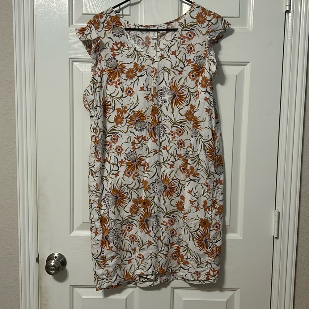 joie White Floral Ruffle Sleeve Dress Size L 100% Linen